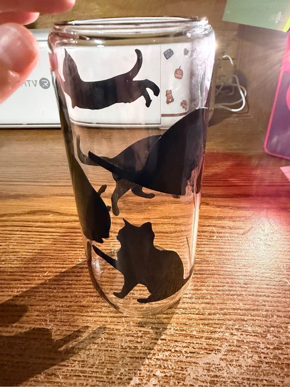 Clear Glass Cat-Tiled Drinking Glass - Black Cat Silhouette